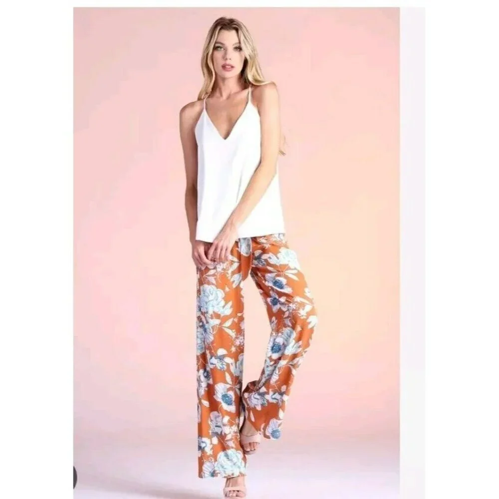 ZARA Orange Red Floral Linen Blend Casual Pull On Trouser Pants Size XS 3203 789